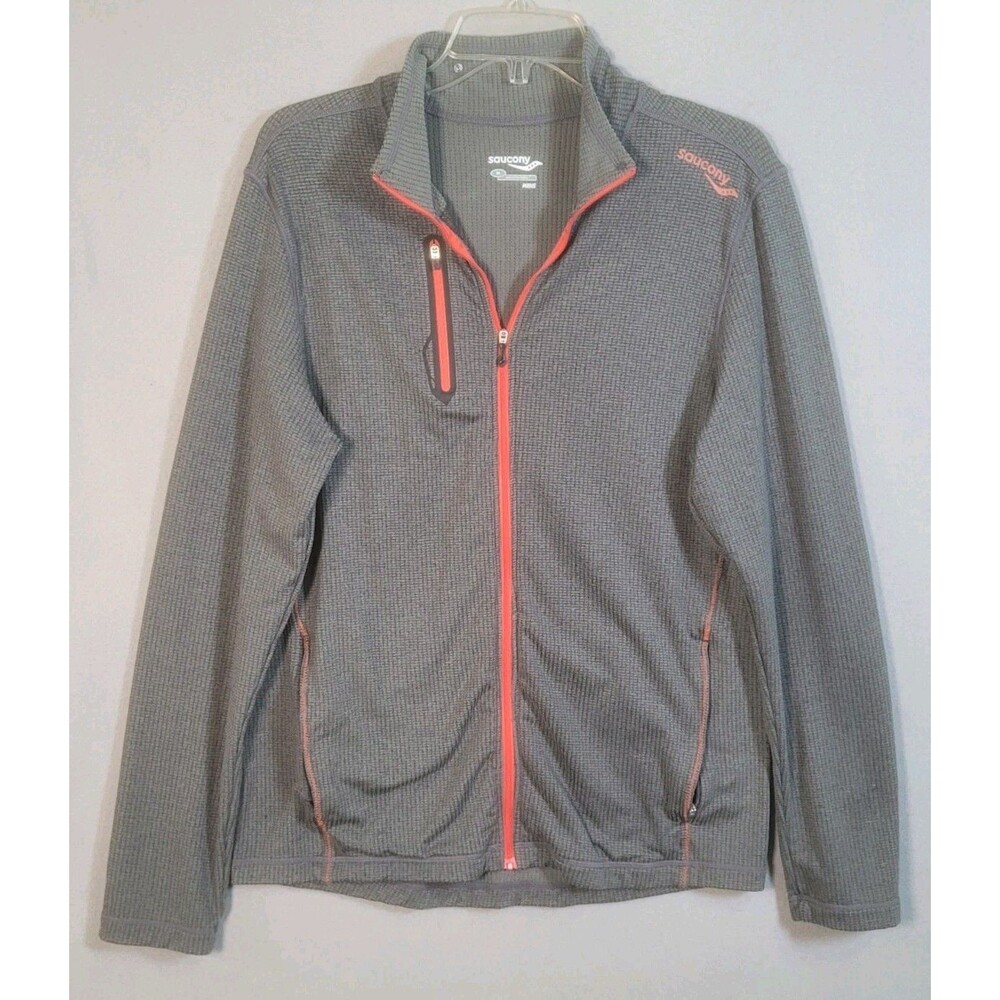 Saucony Jacket Mens M Gray Red Waffle Knit Full Zip Windbreaker Running Jacket
